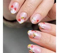 Lot de 24 ongles artificiels à fleurs mignonnes abeilles - Brillants - Collage complet sur les ongles - Presse ovale courte sur les ongles