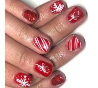 Lot de 24 ongles artificiels à paillettes rouges - Motif flocon de neige - Pointe carrée - Non toxique - Pour fêtes de Noël, événements, Noël - À presser sur les ongles courts