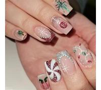 Lot de 24 ongles artificiels à presser - Motif tourbillon et fleurs rouges et argentés - Réutilisables - Pour fête