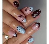 Lot de 24 ongles artificiels Café étoilé bleu Pointes ABS sûr Application facile Pointes françaises Appuyez sur les ongles avec des points et