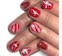 Lot de 24 ongles artificiels carrés en forme de flocons de neige rouges de Noël - Impression ABS non toxique - À presser - Pour fêtes de Noël