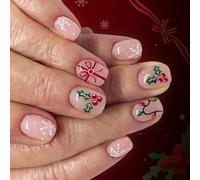 Lot de 24 ongles artificiels en forme de flocon de neige avec des accents verts festifs, application facile, durabilité, construction ABS pour les fêtes.