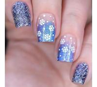 Lot de 24 ongles courts carrés à coller avec pointe française, motifs flocons de neige bleus pailletés à coller sur les ongles pour Noël et le Nouvel An