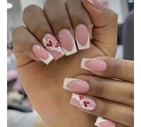 Lot de 24 ongles courts carrés avec motifs de cœurs mignons pour la Saint-Valentin française pour femmes et filles