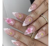 Lot de 24 ongles de manucure portables, en forme d ' amande avec base rose chair, pointes françaises blanches, floral brillant pour les changements de beauté à la maison et les photos, faux rose