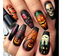 Lot de 24 ongles d'Halloween avec motifs citrouille, squelette et toile pour accessoires festifs