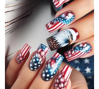 Lot de 24 ongles en acrylique à presser avec motifs d'étoiles artificielles pour les amateurs de culture Art facile à utiliser pour la fête de l'indépendance