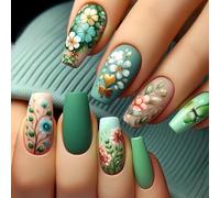 Lot de 24 ongles en acrylique en forme de cercueil avec motifs floraux - Faux ongles verts - Manucure pour femme - Tendance