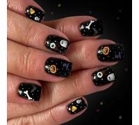 Lot de 24 ongles gothiques noirs scintillants avec motif citrouille - Durabilité - Pas besoin d'outil - Ongles d'Halloween pour femmes occupées