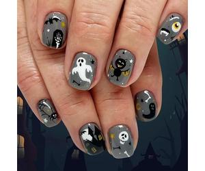 Lot de 24 ongles noirs pailletés à presser pour Halloween avec ailes de chauve-souris mystérieuses et motifs de maison