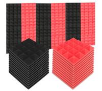 Lot de 24 panneaux acoustiques en mousse - Isolation acoustique - Mur pyramide - Isolation phonique - Pour studio d'enregistrement, bureau, maison - Noir et rouge - 25 x 25 x 5 cm