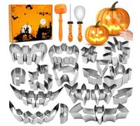 Lot de 24 pièces de sculpture citrouille d'Halloween avec modèles en acier inoxydable DIY Outil de sculpture citrouille avec maillet en caoutchouc Kit de sculpture de citrouille pour enfants, adultes