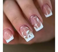 Lot de 24 pointes françaises élégantes à presser avec des accents de feuille d'or. 24 faux ongles courts carrés en acrylique pour femmes élégantes
