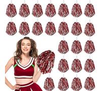 Lot de 24 pompons de pom-pom girl avec poignée métallique pour équipe, fête, danse (rouge, argent)