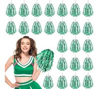 Lot de 24 pompons de pom-pom girl avec poignée métallique pour équipe, fête, danse (vert, blanc)