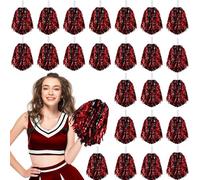 Lot de 24 pompons de pom-pom girl avec poignée métallique pour équipe, sport, fête, danse (noir, rouge)