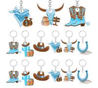 Lot de 24 porte-clés de cowboy occidentaux en acrylique bleu - Accessoires de fête pour cow-boy occidental, dernier rodéo, fête prénatale, fête d'anniversaire