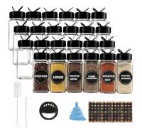 Lot de 24 pots à épices carrés en verre de 120 ml avec couvercle noir, entonnoir, brosse, étiquettes et stylo à craie, 10,5 x 4,3 cm
