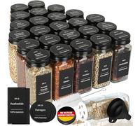 Lot de 24 pots à épices rectangulaires avec plateau à répandre - avec étiquette allemande 324 résistante à l'eau - pots à épices hermétiques de 120 ml noirs - Organisateur d'épices - Pots