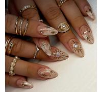 Lot de 24 presse-amandes françaises brillantes sur les ongles avec Star Moon Sun Designs Nail Art Acrylique Bâtons sur ongles pour femme