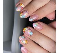 Lot de 24 presse-amandes sur ongles courts avec pointes françaises et motifs floraux - Décoration pour femmes et filles - Matériau du ventre