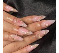 Lot de 24 presses courtes sur les ongles Bâtonnets de fleur d'amande sur les ongles Couverture complète Faux ongles avec constructions florales 3D pour femmes Ongles