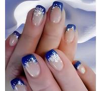 Lot de 24 presses de Noël sur ongles Forme carrée Courte Motif flocons de neige Finition brillante Stick pour décoration d'hiver Blanc brillant