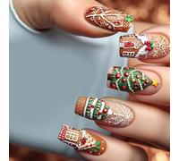 Lot de 24 presses de Noël sur ongles Maison de chocolat Faux flocons de neige Conception d'art acrylique pour les vacances Presse sur ongles