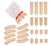 Lot de 24 rails de train en bois avec sac de rangement - Comprend des adaptateurs mâle/femelle - 100 % compatible avec toutes les grandes marques y compris Thomas, Brio, Melissa et Doug