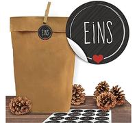 Lot de 24 sachets de calendrier de l'Avent en papier kraft avec 24 autocollants « Chic et noir » à fermer pour le calendrier de l'Avent pour bricolage et remplissage