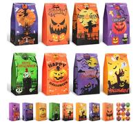 Lot de 24 sacs à friandises d'Halloween avec autocollants pour enfants, fournitures de fête d'Halloween, décorations de fête, sacs en papier mignons ou sacs cadeaux pour fête d'Halloween