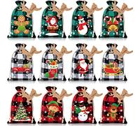Lot de 24 sacs cadeaux de Noël en toile de jute avec cordon de serrage - Petits sacs cadeaux de Noël pour Noël, vacances, Nouvel An, 12 motifs (joli style, 14 x 10 cm)