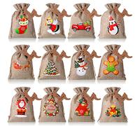 Lot de 24 sacs cadeaux de Noël en toile de jute avec cordons de serrage - Petits sacs cadeaux de Noël pour les vacances, le Nouvel An, 12 motifs (style mignon, 14 x 10 cm), 1 pièce (lot de 1)