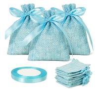 Lot de 24 sacs en jute avec cordon de serrage et ruban de satin pour mariage, baptême, communion, naissance, fête d'anniversaire (bleu)