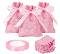 Lot de 24 sacs en jute avec cordon de serrage et ruban en satin pour mariage, baptême, communion, naissance, fête d'anniversaire (rose)