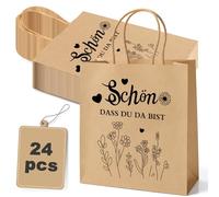 Lot de 24 sacs en papier avec anse (21 x 15 x 8 cm) - Préimprimés avec mots de remerciement - Papier kraft emballage cadeau 130 g/m² pour commerce de détail, restauration et mariage (C-Schön, dass du