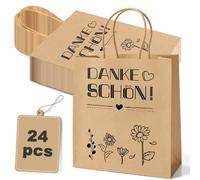 Lot de 24 sacs en papier avec anse (21 x 15 x 8 cm) - Préimprimés avec mots de remerciement - Papier kraft - Emballage cadeau 130 g/m² - Pour commerce de détail, gastronomie et mariage (B-Danke schön)