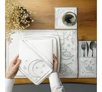 Lot de 24 sets de table brodés avec motif de volutes argentées, sets de table en lin blanc avec bordure décorative, ensemble élégant de linge de table islamique, Alaikum Al-Shahr pour 6 personnes