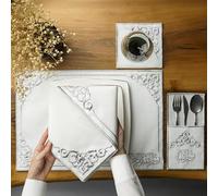 Lot de 24 sets de table brodés avec motif de volutes argentées, sets de table en lin blanc avec bordure décorative, ensemble de linge de table de salle à manger élégant, sets de table islamiques