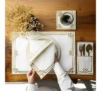 Lot de 24 sets de table brodés avec motif de volutes dorées, sets de table en lin blanc avec bordure décorative, ensemble de linge de table de salle à manger élégant, napperons islamiques, nœud