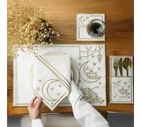 Lot de 24 sets de table brodés avec motif de volutes dorées, sets de table en lin blanc avec bordure décorative, ensemble élégant de linge de table islamique, Alaikum Al-Shahr pour 6 personnes