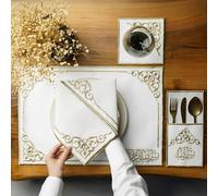 Lot de 24 sets de table brodés avec motif de volutes dorées, sets de table en lin blanc avec bordure décorative, ensemble de linge de table de salle à manger élégant, sets de table islamiques, basmala