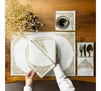 Lot de 24 sets de table brodés avec motif de volutes dorées, sets de table en lin blanc avec bordure décorative, ensemble de linge de table de salle à manger élégant, sets de table islamiques, Barakah