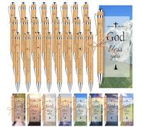 Lot de 24 stylos chrétiens en bambou avec verset de la Bible chrétienne en vrac avec marque-page - Cadeau de Noël - Cartes avec citation inspirante - 10 m de ficelle