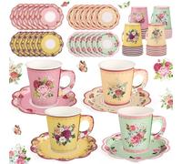 Lot de 24 tasses à thé en papier jetables avec poignée et assiettes, tasses à thé et soucoupes, style vintage, motif floral, 200 ml, pour baby shower, mariage, anniversaire (style vintage)