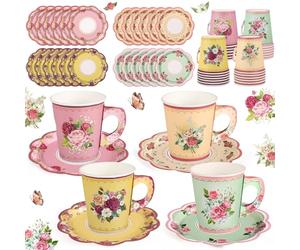 Lot de 24 tasses à thé en papier jetables avec poignée et assiettes, tasses à thé et soucoupes, style vintage, motif floral, 200 ml, pour baby shower, mariage, anniversaire (style vintage)