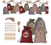 Lot de 24 tasses calendrier de l'Avent Kerst - Calendrier de l'Avent - En jute rustique ombragée - Avec étiquettes - Parfait pour le snoep, le speelgoed, les sierades - Magnifique calendrier de