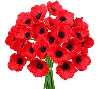 Lot de 24 tiges de fleurs artificielles rouges en polyuréthane au toucher réaliste avec centre noir - 29,5 cm de haut pour bouquets de mariage, corsages, centre de table, arrangements floraux