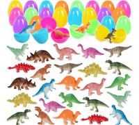 Lot de 24 œufs de Pâques avec jouets de dinosaure, panier de Pâques, cadeaux de fête de Pâques pour enfants, cadeaux de chasse aux œufs de Pâques, récompenses en classe