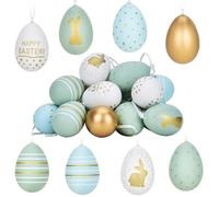 Lot de 24 œufs de Pâques en plastique avec ficelle - Décoration de Pâques parfaite à suspendre en plein air - 3 couleurs : or, bleu clair, vert clair, blanc, 6 cm x 4 cm - 7 designs différents